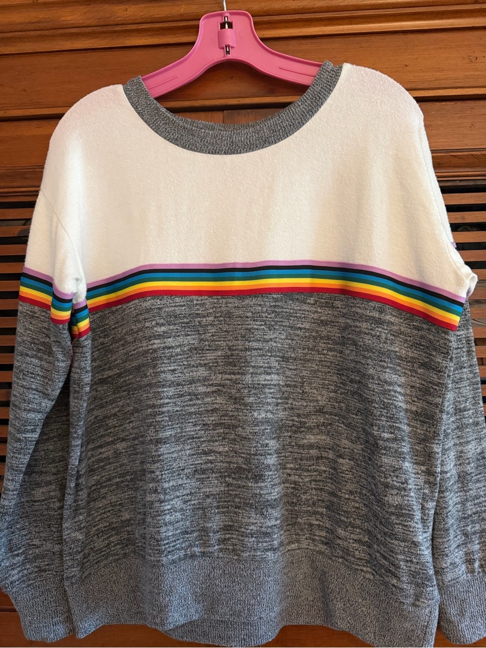 Women's Gray & White Crewneck Sweater with Rainbow Stripe